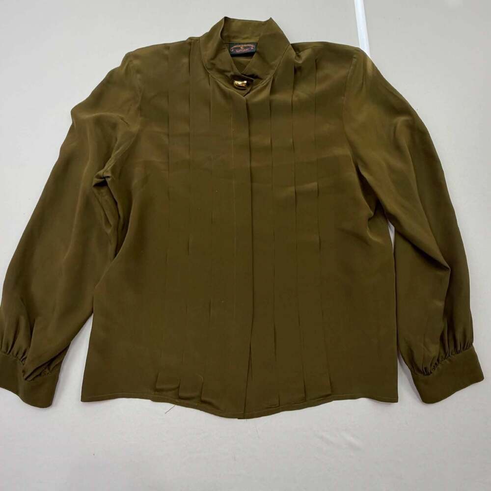 Charter Club Petites by Jane Justin Vintage Olive Green Pleated Silk Blouse